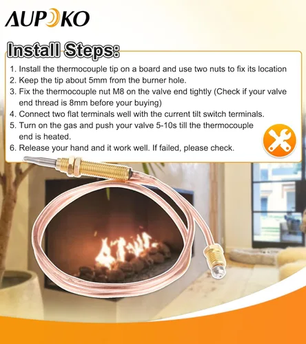 Vista 4 de Aupoko Termopar para chimenea de gas, calentador de patio, termopar de 24 pulgadas de longitud, tuerca de extremo M8x1 y punta de cabeza
