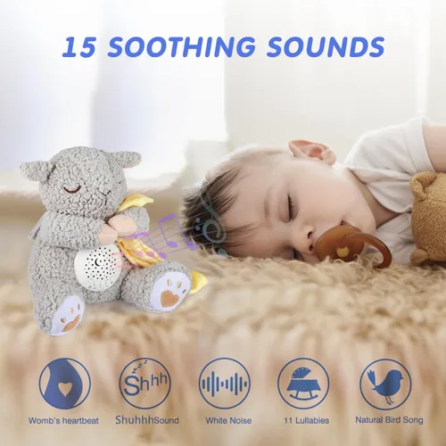 Vista 2 de BEREST - Máquina de ruido blanco para bebé en forma de animal de peluche, con latido del corazón de mamá, ovejas y canciones de cuna, proyector