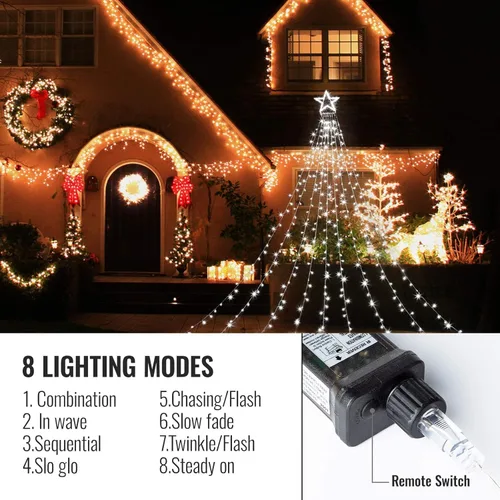 Vista 6 de GIGALUMI Decoraciones de Navidad al aire libre, 344 luces LED de Navidad en cascada para patio, luces de decoración de árbol de Navidad, luces