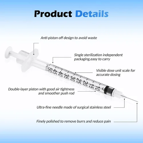 Vista 2 de CAILOS - Jeringa de 30G 0.5ml U-100, 0.5cc, calibre 30, 5/16 de pulgada (8mm), suministros de laboratorio desechables, paquete de 20