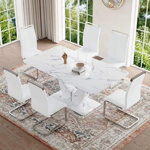 Vista 53 de JUFU Juego de mesa de comedor moderno para 4, juego de mesa de cocina rectangular de 63 pulgadas con mesa de mármol sintético y 4 sillas tapizadas