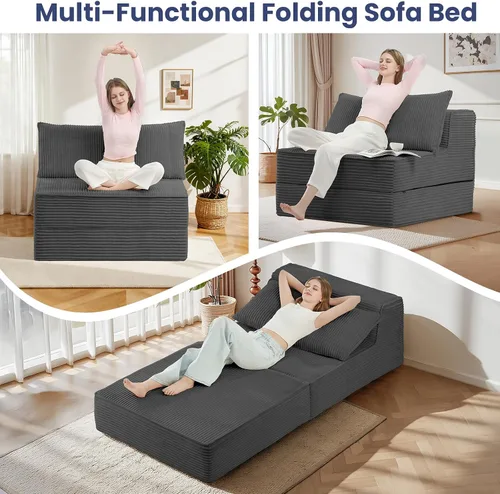 Vista 8 de Sofá cama convertible, sofá biplaza plegable con almohada, sofá cama plegable con soporte para la espalda, silla portátil, cómodo sofá de piso