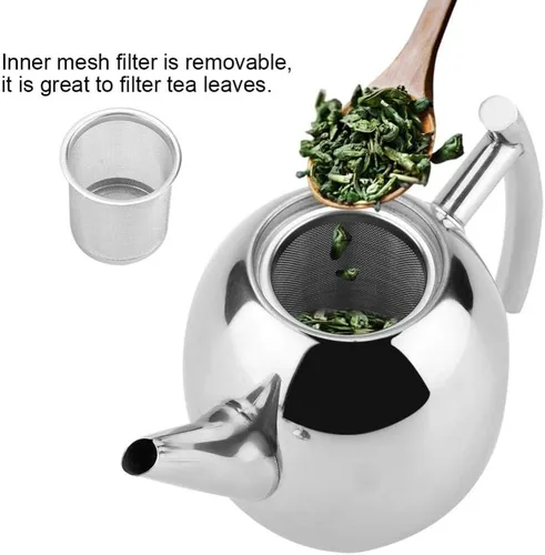 Vista 2 de Tetera de acero inoxidable pulido con tapa/filtro de té con infusor extraíble, tetera para el hogar, tetera para hojas sueltas y bolsas de té
