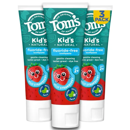 Tom's of Maine Pasta dental natural sin flúor para niños, a partir de 2 años, Fresa Divertida, 5.1 oz. Paquete de 3 (de vuelta en fórmula original)