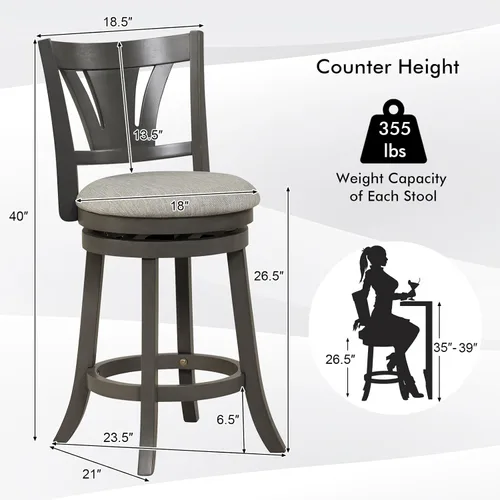 Vista 3 de COSTWAY Taburete de bar para isla de cocina, taburete de bar giratorio de 26.5 pulgadas con respaldo curvado y asiento acolchado suave, patas