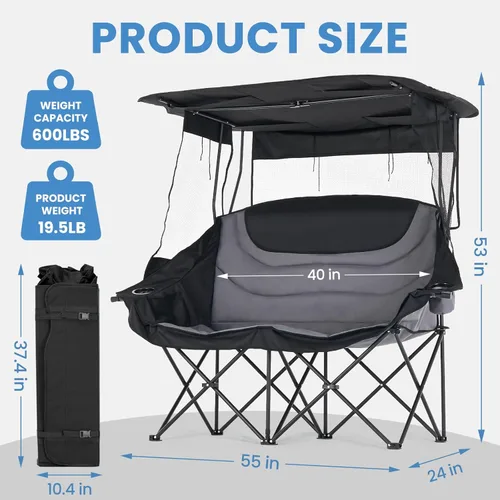 Vista 3 de DoCred Double Beach Camping Chair with Canopy, Folding 2 Person Camping Chairs with Shade, Portable Outdoor Loveseat, Oversize Camp Chair for Lawn