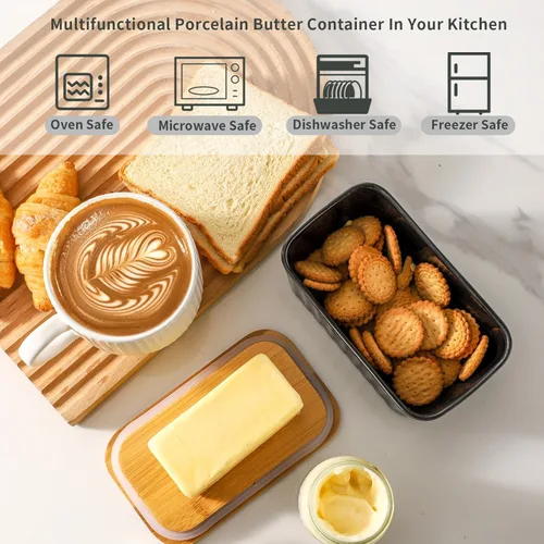 Vista 5 de HASENSE Mantequillera de cerámica con tapa, gran recipiente de mantequilla negro para encimera, soporte hermético para mantequilla en barra