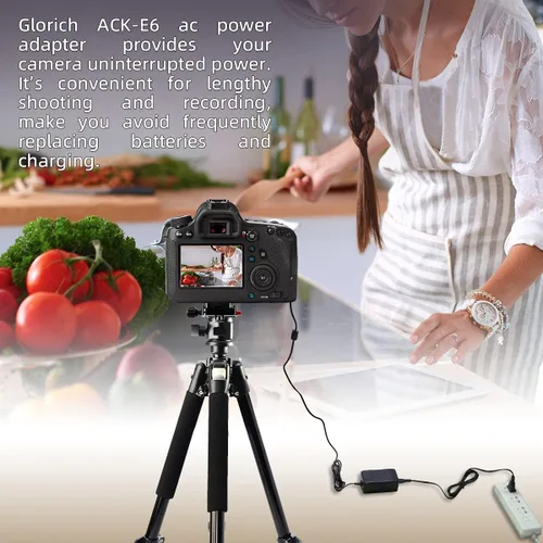 Vista 2 de Glorich ACK-E6 Adaptador de corriente de CA DR-E6 Acoplador DC LP-E6 LP-E6N Kit de fuente de alimentación de batería ficticia para cámaras Canon EOS