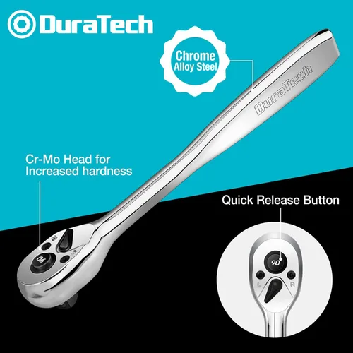 Vista 3 de DURATECH Juego de trinquete de 3 piezas, impulso de 1/4", 3/8", 1/2", 90 dientes, liberación rápida, mango de contorno diseñado para un mejor