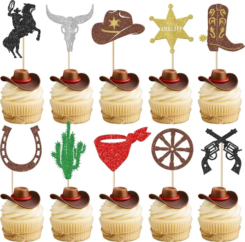 Rsstarxi Paquete de 30 adornos de vaquero para cupcakes con purpurina para zapatos de caballo de vaquero, botas, pistola, temática occidental,