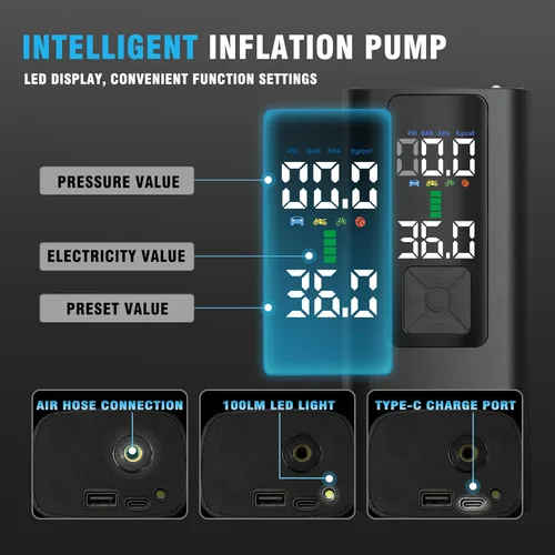 Vista 4 de Inflador de neumáticos, compresor de aire portátil, bomba de aire automática para neumáticos de automóvil, accesorios de automóvil con manómetro