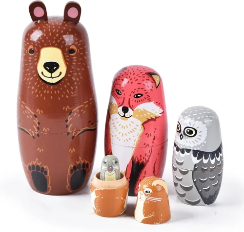 Vista 10 de Muñecas anidables, 5 muñecas rusas de 6 pulgadas de alto, Matryoshka hechas a mano para niños, juguetes apilables de madera para Navidad, hogar