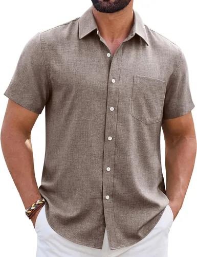 Vista 19 de Camisa de lino para hombre, de manga corta, sin arrugas, casual, sin pliegues, con botones, para playa, transpirable, para verano