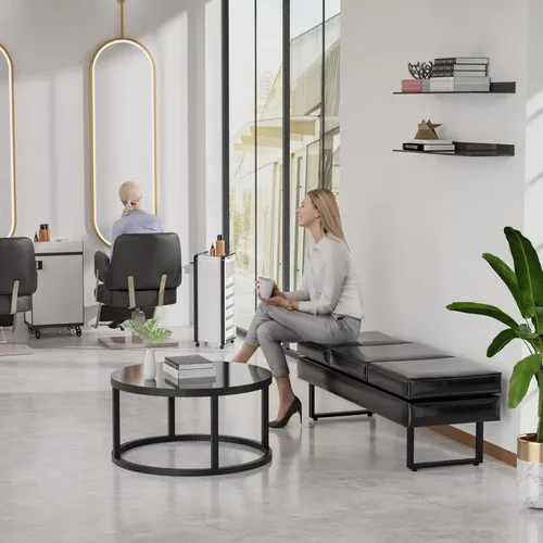 Vista 2 de OmySalon Banco de sala de espera para salón, banco de recepción de 59.5 pulgadas, silla de oficina, asiento de piel sintética, muebles de vestíbulo