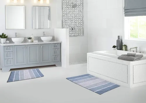 Vista 6 de Ramanta Home Juego de 2 alfombras de baño acolchadas a rayas 100% algodón, color azul y blanco, antideslizantes, absorbentes, súper suaves