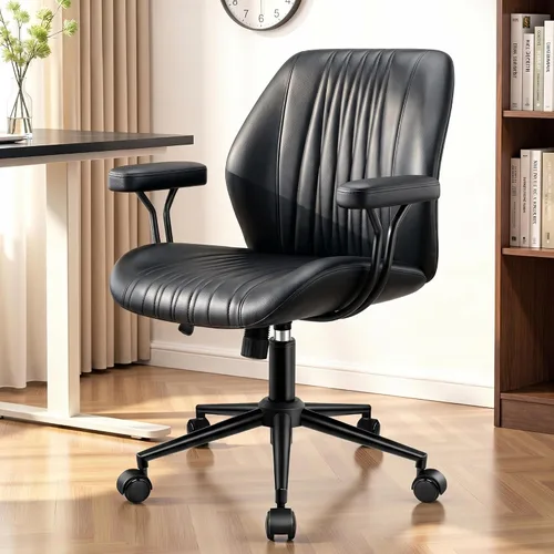Silla de oficina de cuero con reposabrazos extraíbles, silla de escritorio ergonómica de respaldo medio con soporte lumbar, silla ejecutiva Negro