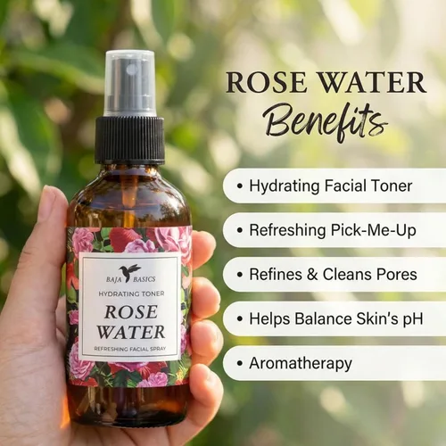 Vista 3 de Baja Basics - Espray de agua de rosas 100% puro para piel, cabello y aromaterapia, tónico natural, tamaño grande 4 oz.