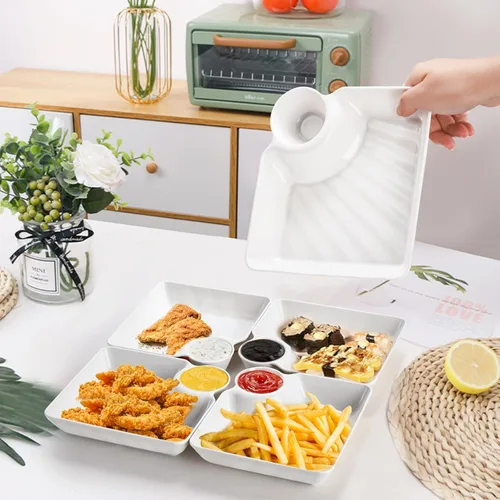 Vista 5 de Lawei Juego de 10 platos de papas fritas y platos de inmersión, platos de plástico para albóndigas con platillo de inmersión, platos blancos