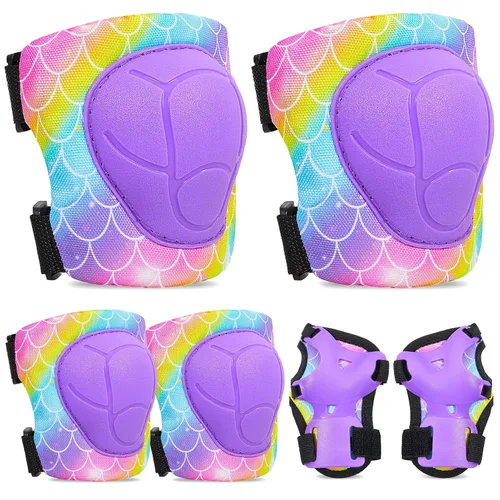 Vista 10 de FIODAY Rodilleras para niños, conjunto de equipo de protección ajustables para niños, rodilleras y coderas con protector de muñeca para niñas