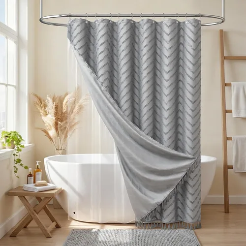 Vista 167 de Dynamene - Cortina de ducha de tela bohemia con rayas con chebrón en relieve, juego de cortina angosta para baño, media cortina impermeable