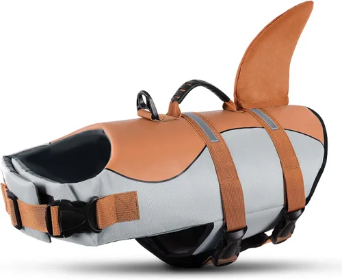 Vista 16 de Queenmore - Chaleco salvavidas para perros pequeños, medianos, grandes, estilo pescado, chaleco flotante con mango de goma suave ajustable, M
