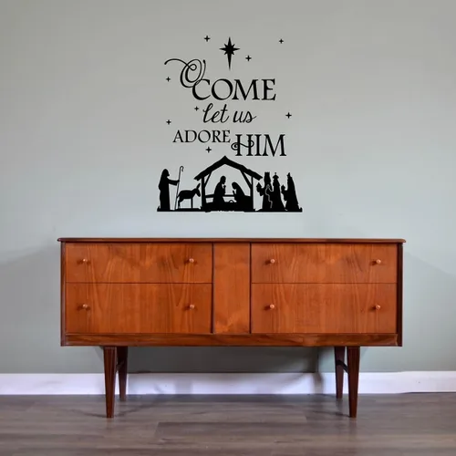 Vista 2 de Vinilo adhesivo de pared con texto en inglés "Come Let Us Adore Him with Nativity", para sala de estar, dormitorio, Navidad, versículo bíblico, Negro