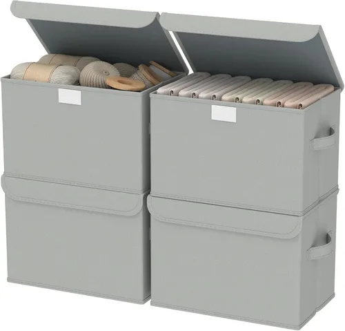 Vista 8 de Contenedor de Almacenamiento de Tela con Tapa, Cajas de Closet con Cubierta, Canasta Organizadora Plegable Apilable con 2 Asas, para Casa y Beige