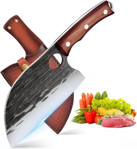 Vista 9 de ROCOCO - Cuchillo de carnicero para carne con vaina - Cuchillo de corte de carne forjado a mano con funda para BBQ al aire libre, camping, idea