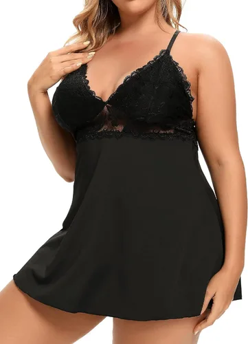 Vista 6 de Lencería sexy para mujer, talla grande, babydoll negro, cuello en V, encaje
