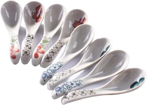 Vista 9 de Juego de 4 cucharas de sopa de cerámica asiática de porcelana de mango largo japonesas para fideos Pho Wonton Dumpling Rice