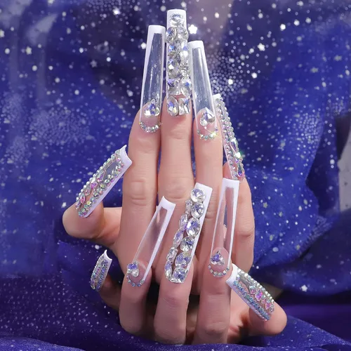 Vista 2 de Lovful Uñas postizas cuadradas largas hechas a mano, uñas postizas acrílicas transparentes francesas con diamantes de imitación, uñas postizas