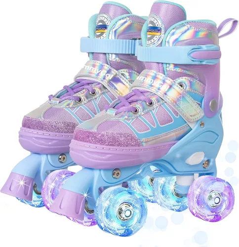 MammyGol Roller Skates for Kids Boys Girls, Adjustable Quad Skates with Light Up Wheels for Toddler Little Kids Ages 6-12, Beginners Outdoor Sports