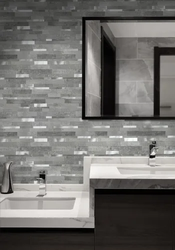 Vista 7 de COLAMO Azulejos de piedra sintética gris cemento de lujo, azulejos de mosaico de mezcla de metal de aluminio plateado para salpicaduras de cocina