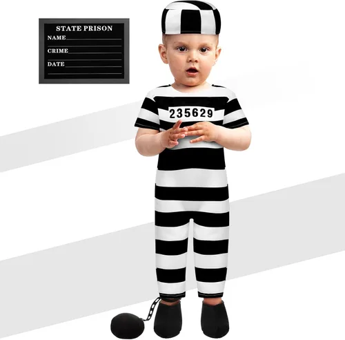 Vista 2 de Disfraz de condenado de prisionero de Halloween de 4 piezas con esposas de juguete, disfraz de prisionero para fiesta de Halloween