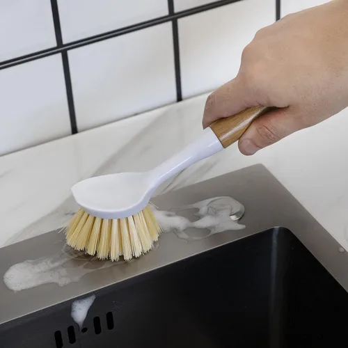 Vista 5 de Paquete de 3 cepillos de cocina con mango de bambú, raspador integrado, cepillo para sartenes, ollas, limpieza de fregadero de cocina, lavavajillas
