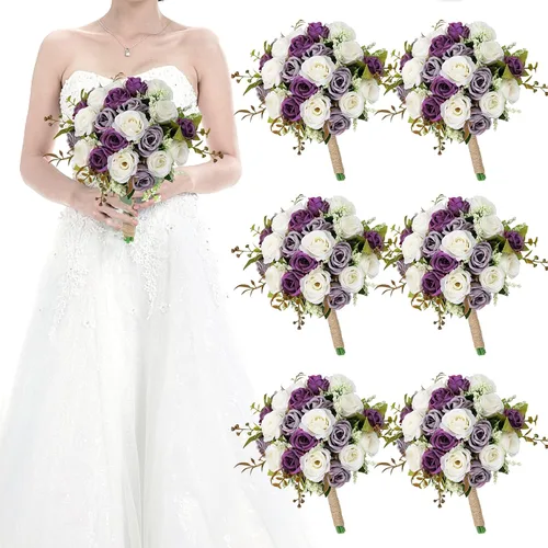 Vista 32 de Ramos para dama de honor para boda - Ramo de flores artificiales de 7 pulgadas para fiesta, ceremonia, aniversario, centros de mesa para mesa de Azul