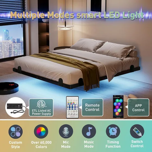 Vista 3 de qimamo Marco de cama flotante de 14 pulgadas tamaño matrimonial con luces LED inteligentes y estación de carga, marco de cama moderno de metal