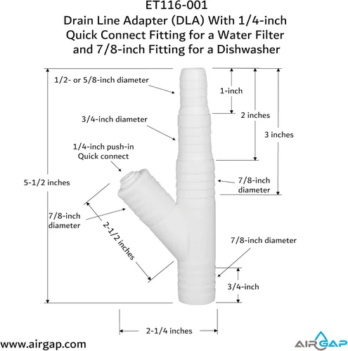 Vista 3 de Adaptador de línea de drenaje (DLA) con ajuste de conexión rápida de 1/4 pulgadas para un filtro de agua y ajuste de 7/8 pulgadas para un