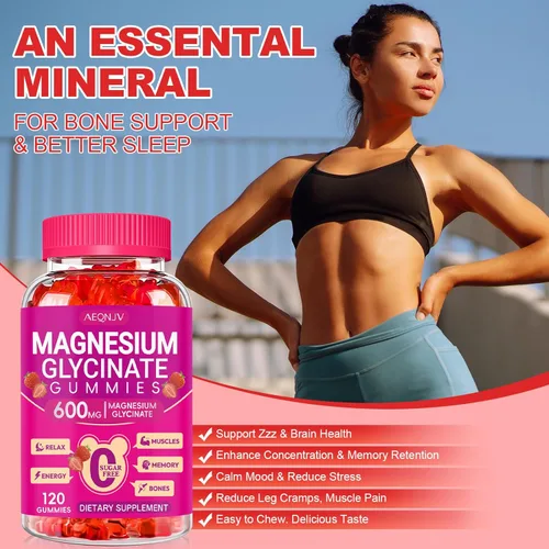 Vista 7 de Gomitas de glicinato de magnesio de 600 mg, gomitas masticables sin azúcar con glicinato de magnesio, vitamina D, B6 y CoQ10 para dormir