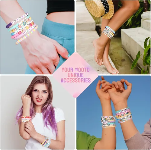 Vista 6 de Kit de pulsera de la amistad con 28 colores, 5040 cuentas de arcilla, 1200 cuentas de letras para hacer joyas, 4 estilos de cuentas redondas