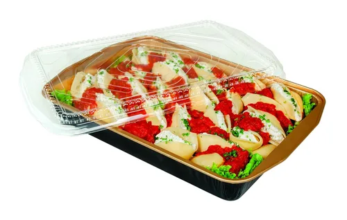 Vista 4 de Durable Packaging recipiente de plástico para plato principal con tapa de cúpula, tamaño grande, S, Negro y Dorado, 100