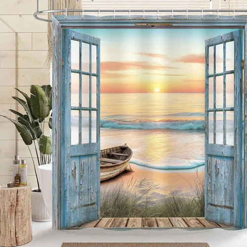 Beach Ocean Shower Curtain Blue Rustic Barn Door Bathroom Curtain Set Decors for Home Polyester Waterproof Fabric, 72×72 in with Hook