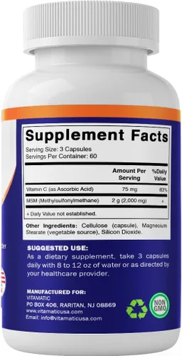 Vista 8 de Vitamatic MSM 2000 mg con vitamina C 75 mg por porción, 180 cápsulas vegetales, ayuda de vitamina C en un mejor absopritón de MSM