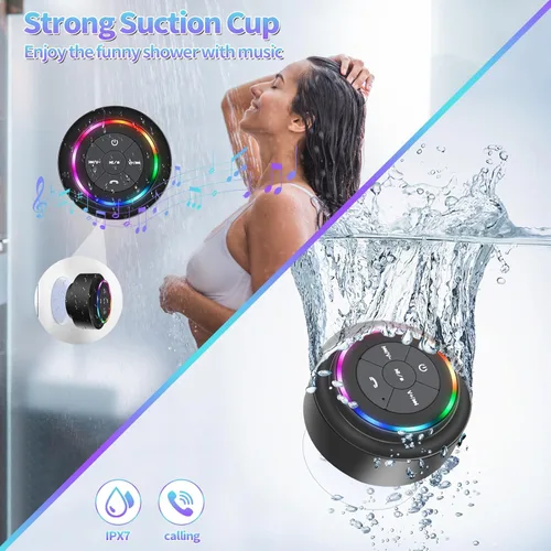 Vista 3 de Altavoz de ducha Bluetooth, altavoces Bluetooth portátiles con ventosa, altavoz impermeable IP67 con luz LED, inalámbrico, flotante, para camping