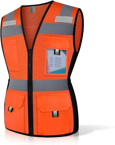 Vista 9 de Chaleco de seguridad para mujer con 11 bolsillos y cremallera, chaleco reflectante de alta visibilidad ajustado, chaleco de seguridad de neón