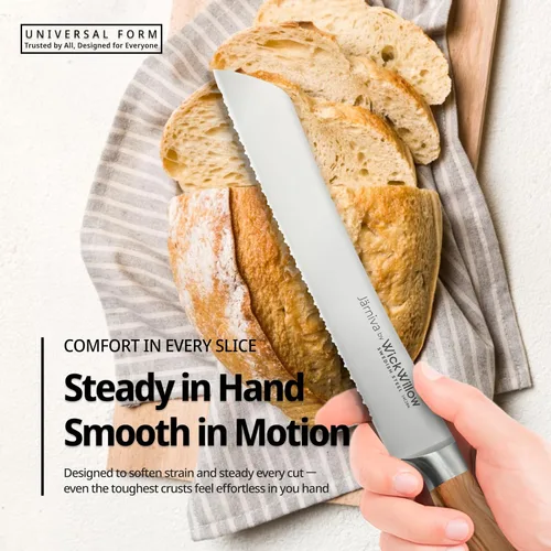 Vista 3 de WICKWILLOW Cuchillo para pan de 8 pulgadas, acero 14C28N con mango de madera de olivo italiano, cuchillo de doble dentado para masa madre y pan