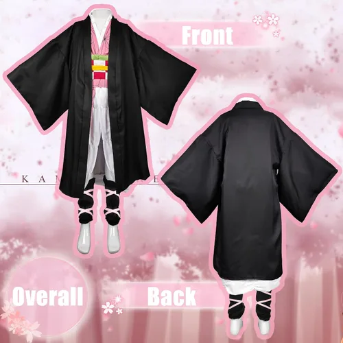 Vista 3 de panmo Disfraz de cosplay de anime para Halloween y Navidad para niños, niñas y mujeres kamado nezuko kimono, capa