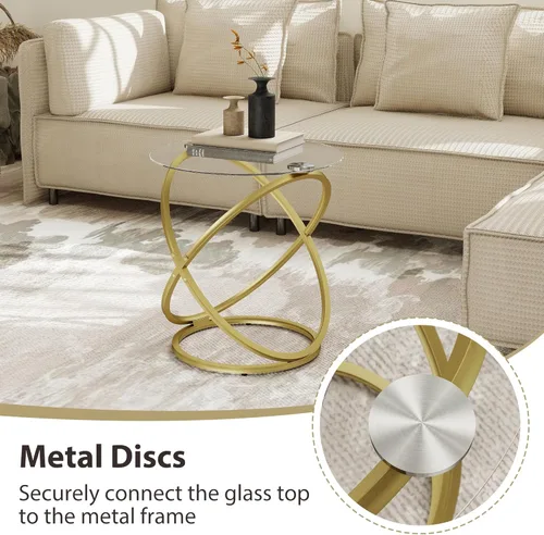 Vista 6 de Mesa de centro de cristal, mesa de centro redonda con marco de metal dorado, mesa de centro minimalista moderna para decoración, mesas de centro