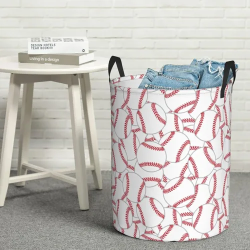 Vista 7 de Cesta redonda para ropa sucia de 62 litros, cesta de almacenamiento con textura de béisbol, impermeable, para guardería, ropa, juguetes