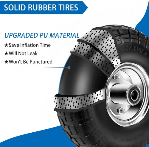 Vista 4 de Neumáticos y ruedas sin cámara de 10 pulgadas, 4.10/3.50-4, neumáticos sólidos planos de repuesto con agujero de eje de 5/8", 8 espaciadores 4